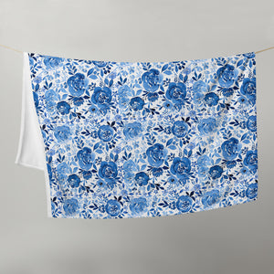 Blooms In Blue Watercolor Floral Blanket
