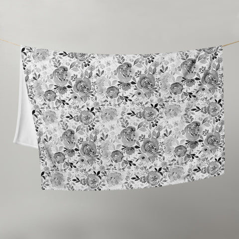 Classic Black and White Watercolor Floral Blanket