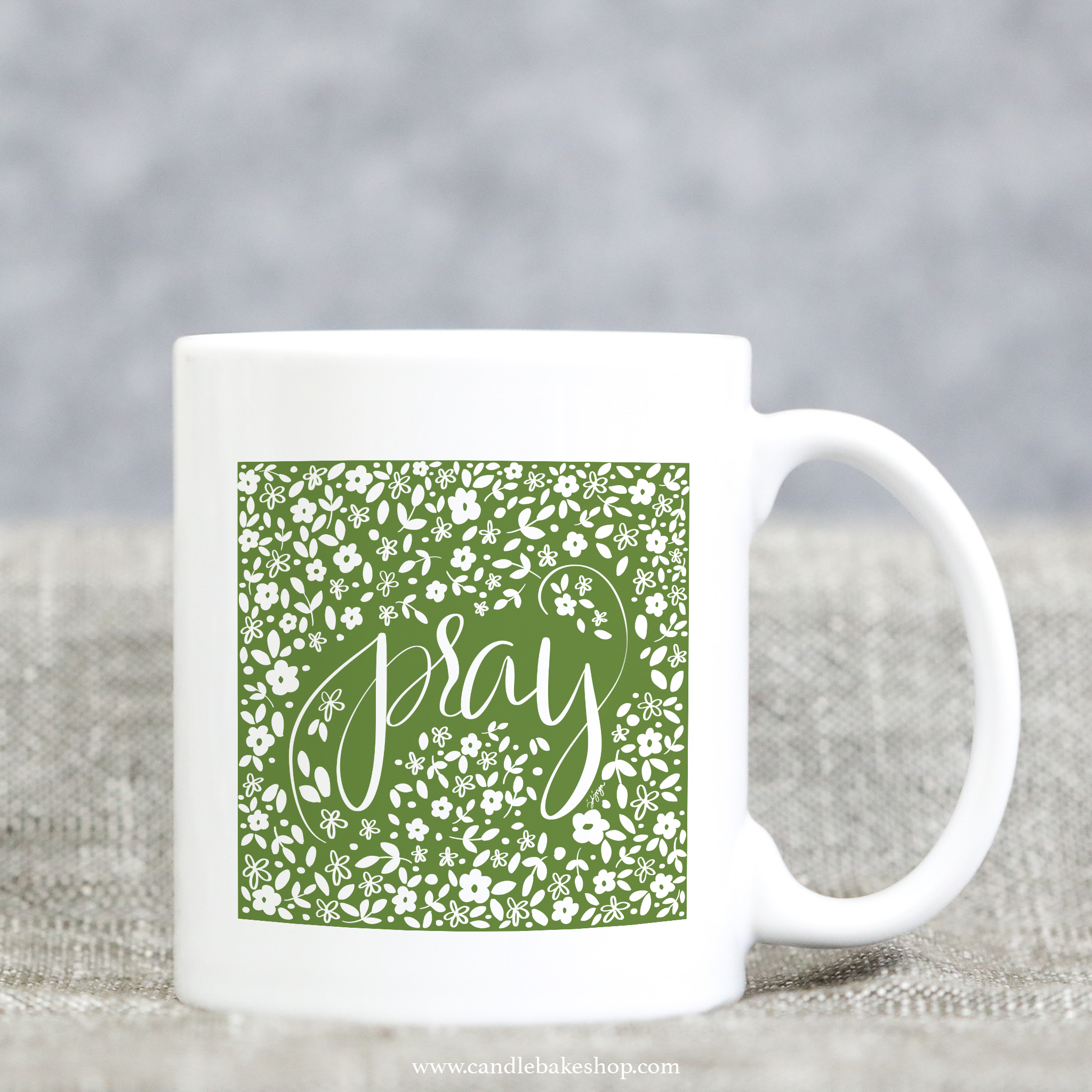 Vintage Inspired Coffee Mug - Pray (Spring Blossoms On Green)