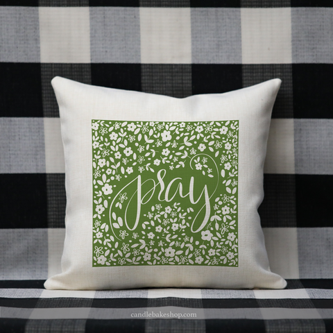 Vintage Inspired Pillow - Pray (Spring Blossoms On Green)