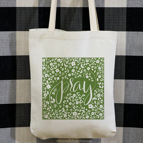 Vintage Inspired Tote Bag - Pray (Spring Blossoms On Green)